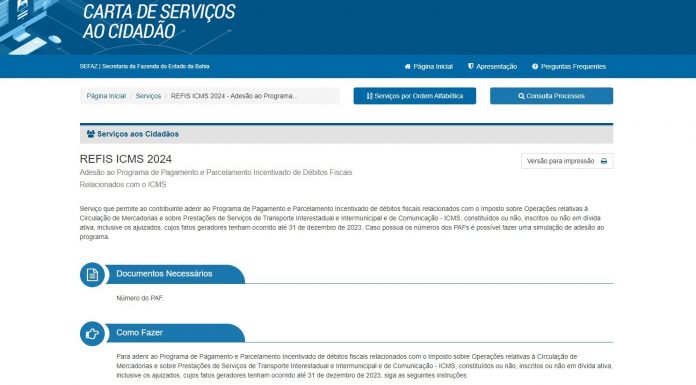 Carta de Serviços da Sefaz-Ba orienta contribuintes sobre adesão ao Refis ICMS 2024